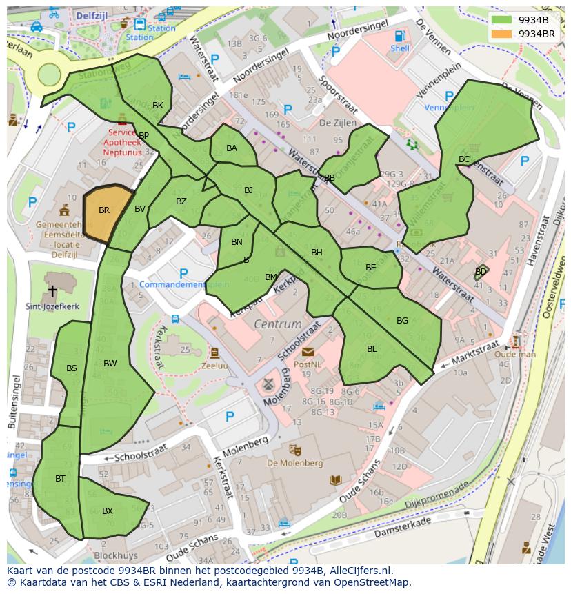 Afbeelding van het postcodegebied 9934 BR op de kaart.