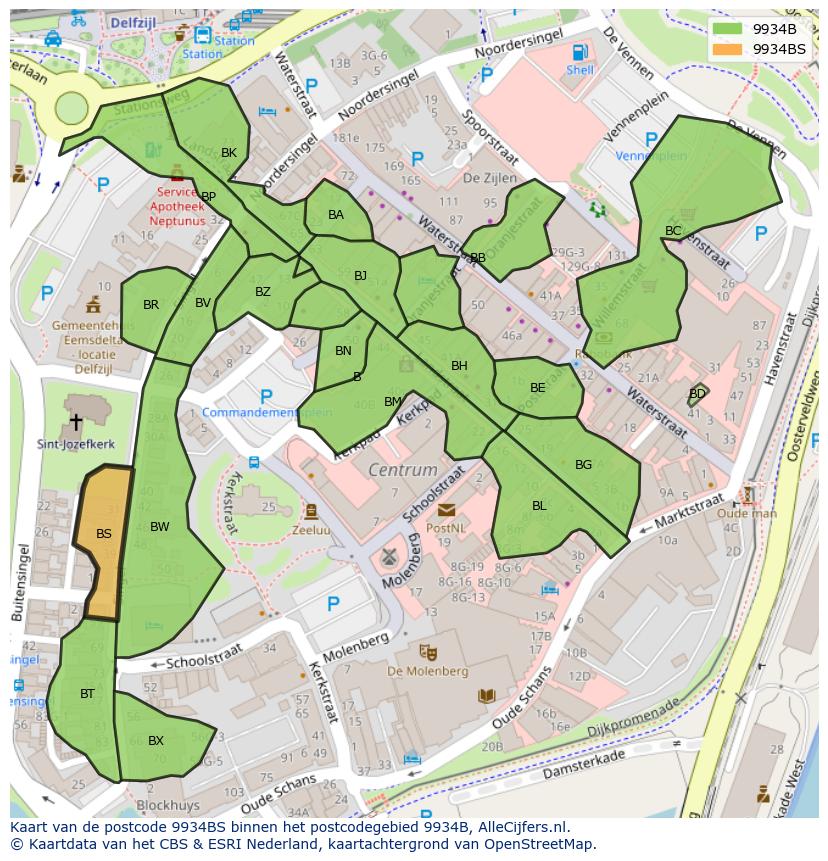Afbeelding van het postcodegebied 9934 BS op de kaart.