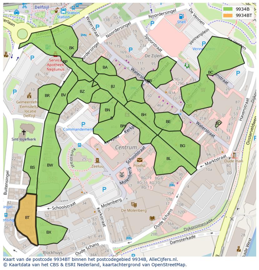 Afbeelding van het postcodegebied 9934 BT op de kaart.