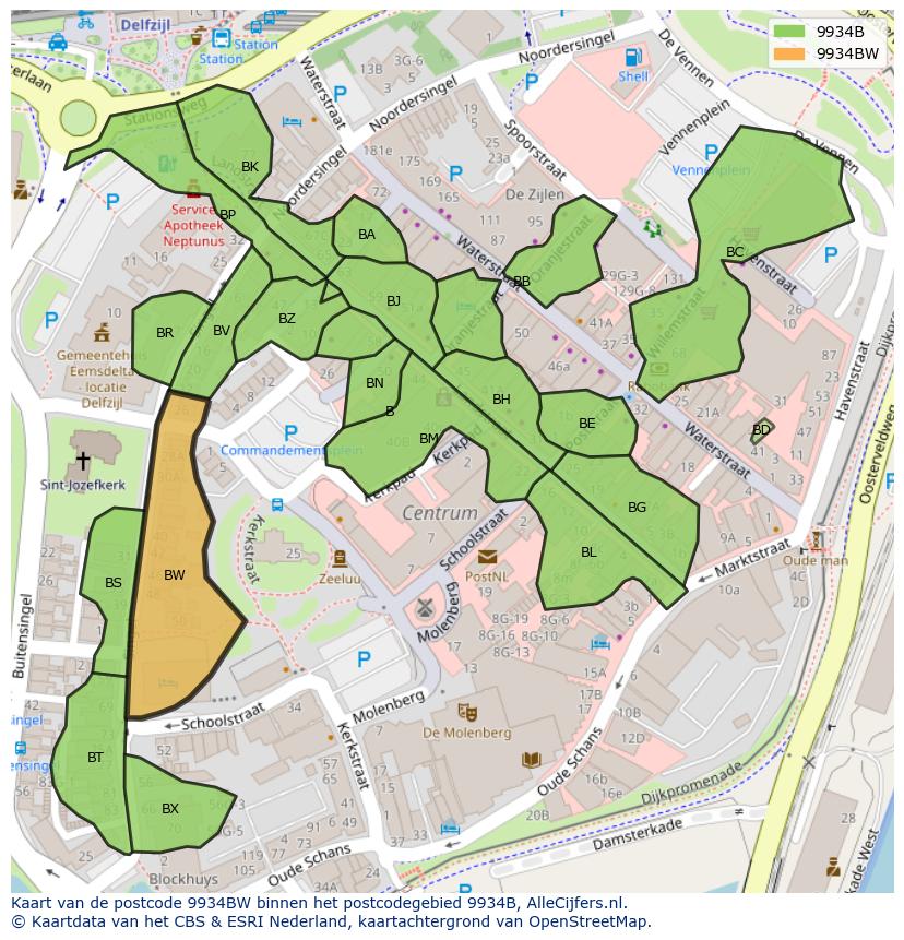 Afbeelding van het postcodegebied 9934 BW op de kaart.