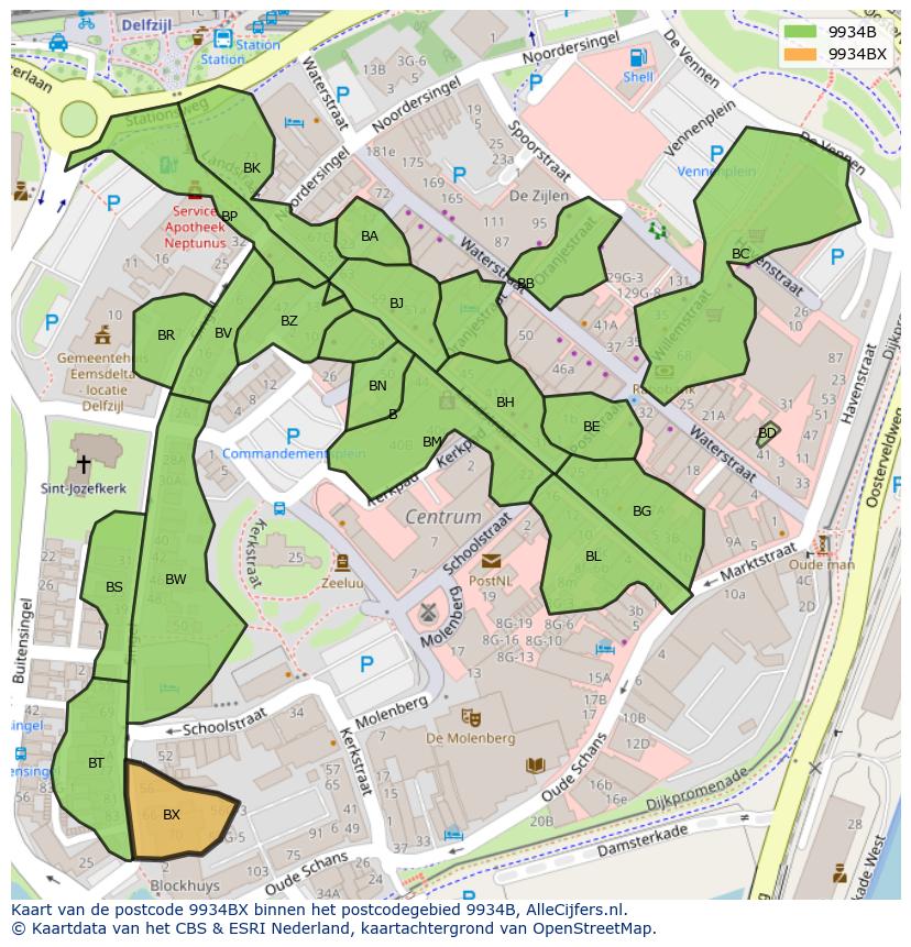 Afbeelding van het postcodegebied 9934 BX op de kaart.