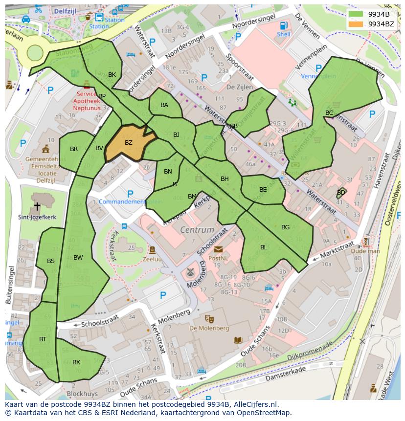 Afbeelding van het postcodegebied 9934 BZ op de kaart.