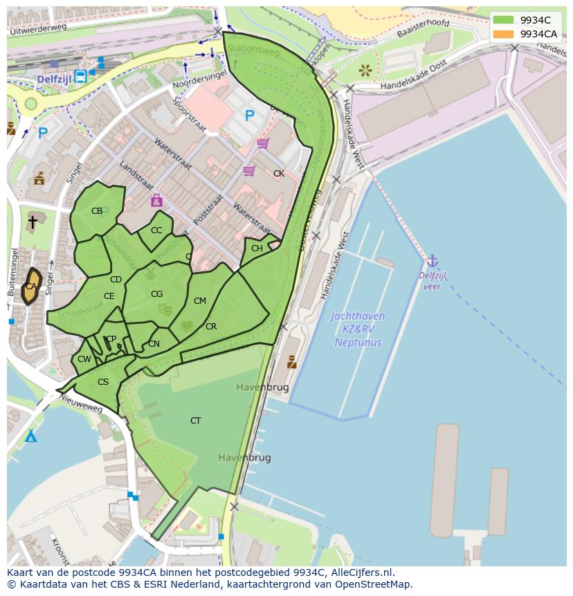 Afbeelding van het postcodegebied 9934 CA op de kaart.