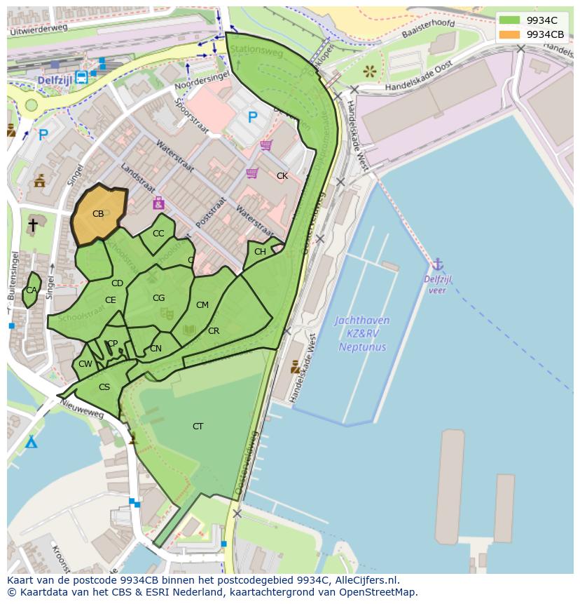 Afbeelding van het postcodegebied 9934 CB op de kaart.