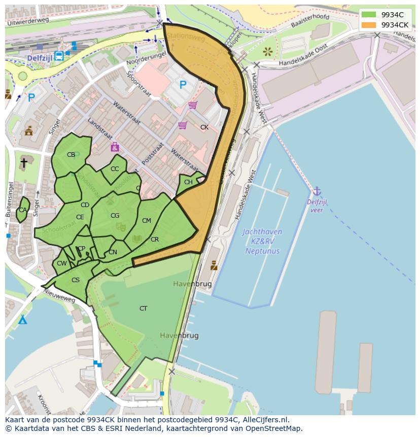 Afbeelding van het postcodegebied 9934 CK op de kaart.
