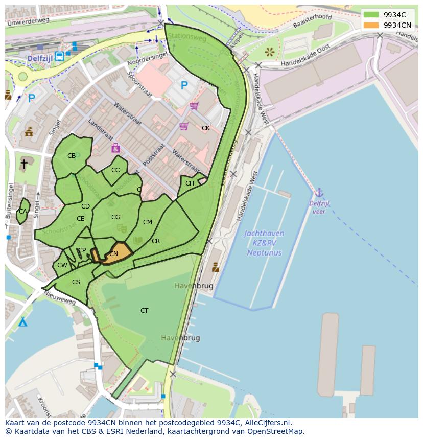 Afbeelding van het postcodegebied 9934 CN op de kaart.