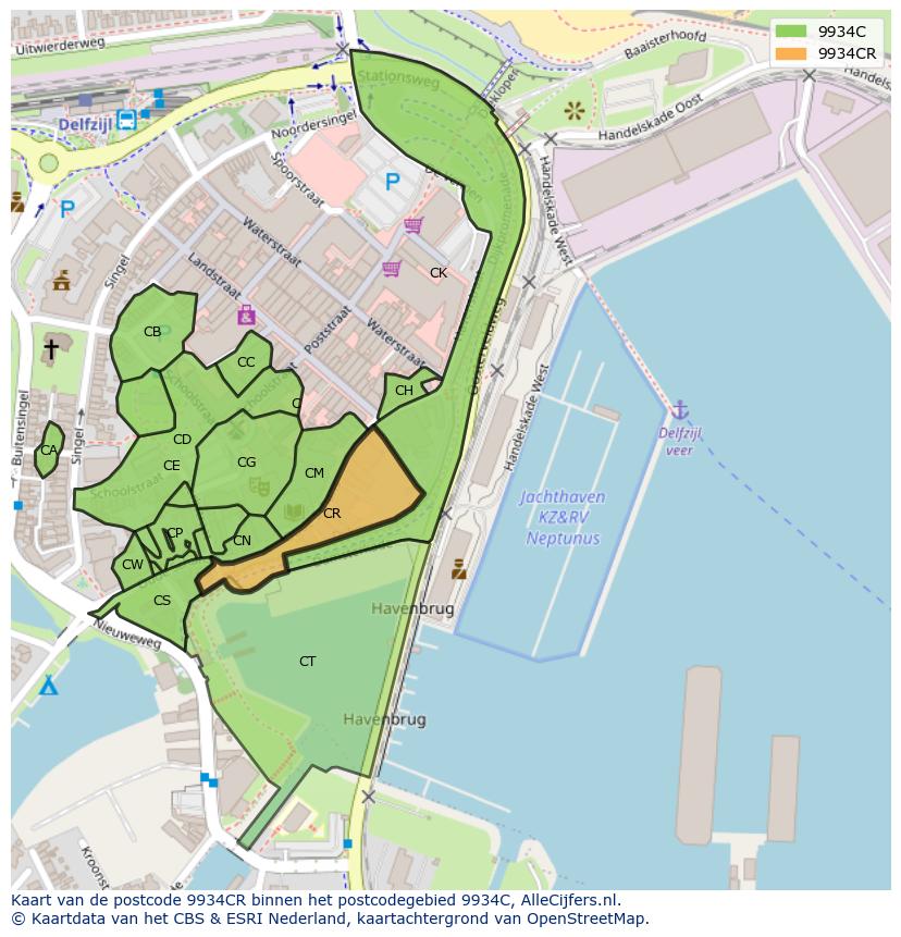 Afbeelding van het postcodegebied 9934 CR op de kaart.