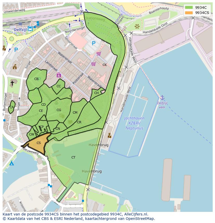 Afbeelding van het postcodegebied 9934 CS op de kaart.