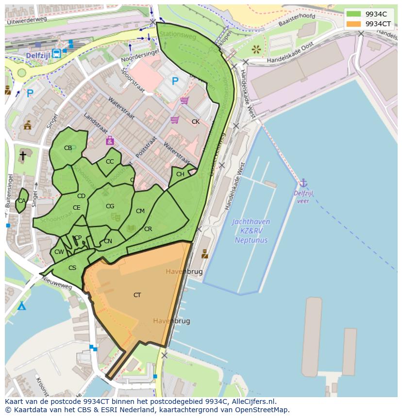Afbeelding van het postcodegebied 9934 CT op de kaart.