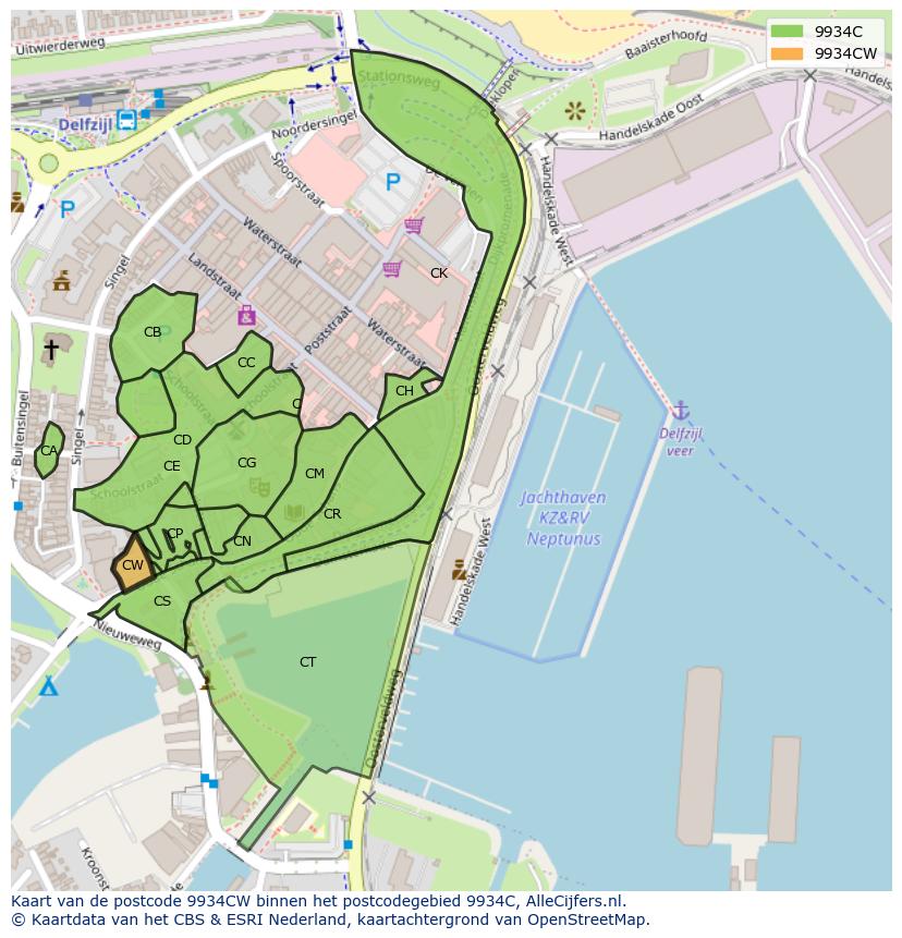 Afbeelding van het postcodegebied 9934 CW op de kaart.