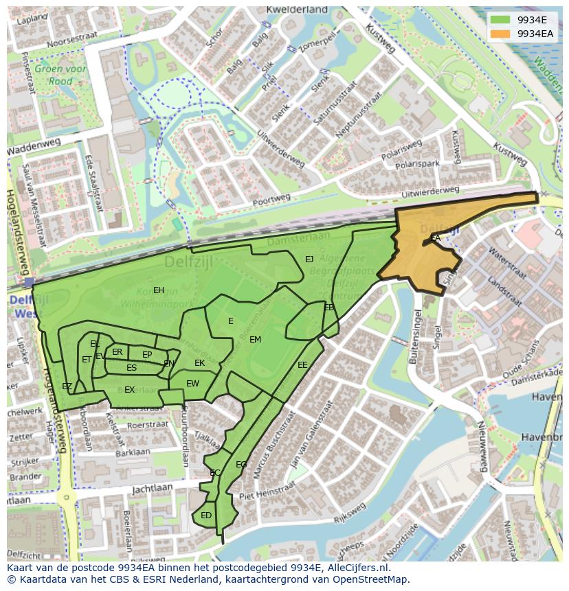 Afbeelding van het postcodegebied 9934 EA op de kaart.