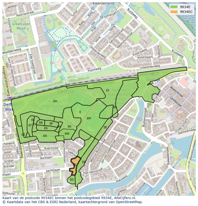 Afbeelding van het postcodegebied 9934 EC op de kaart.