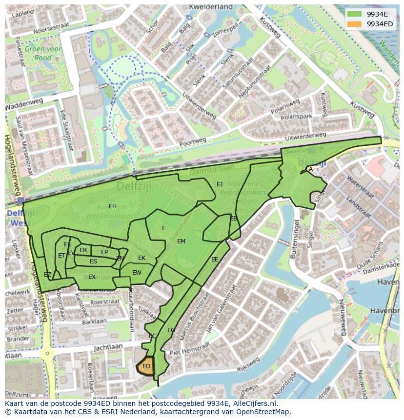 Afbeelding van het postcodegebied 9934 ED op de kaart.