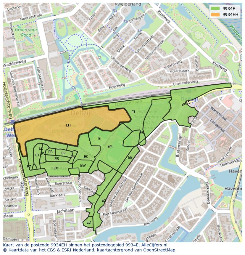 Afbeelding van het postcodegebied 9934 EH op de kaart.