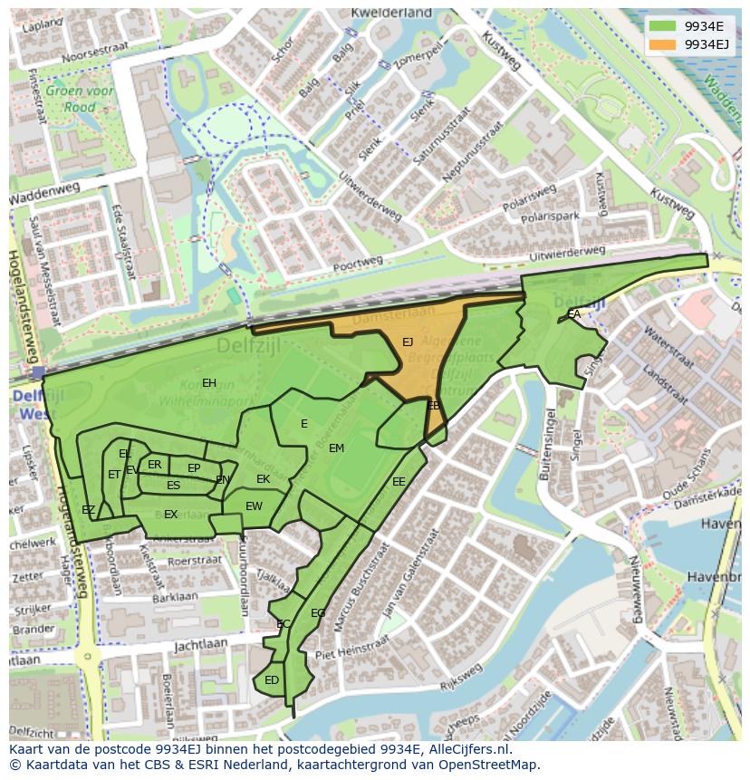 Afbeelding van het postcodegebied 9934 EJ op de kaart.