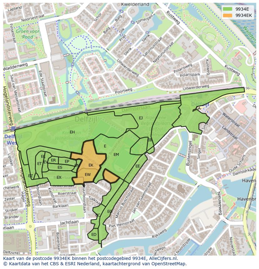 Afbeelding van het postcodegebied 9934 EK op de kaart.