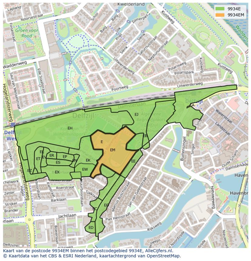 Afbeelding van het postcodegebied 9934 EM op de kaart.