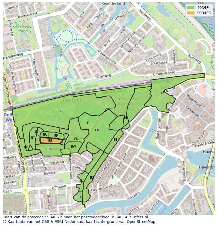 Afbeelding van het postcodegebied 9934 ES op de kaart.