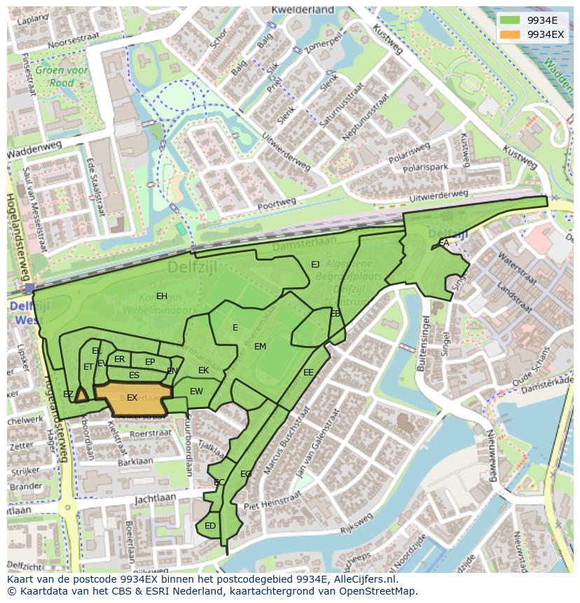 Afbeelding van het postcodegebied 9934 EX op de kaart.