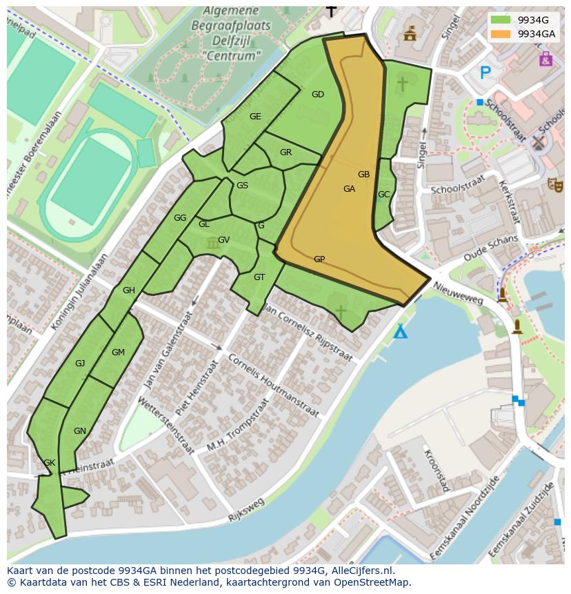 Afbeelding van het postcodegebied 9934 GA op de kaart.