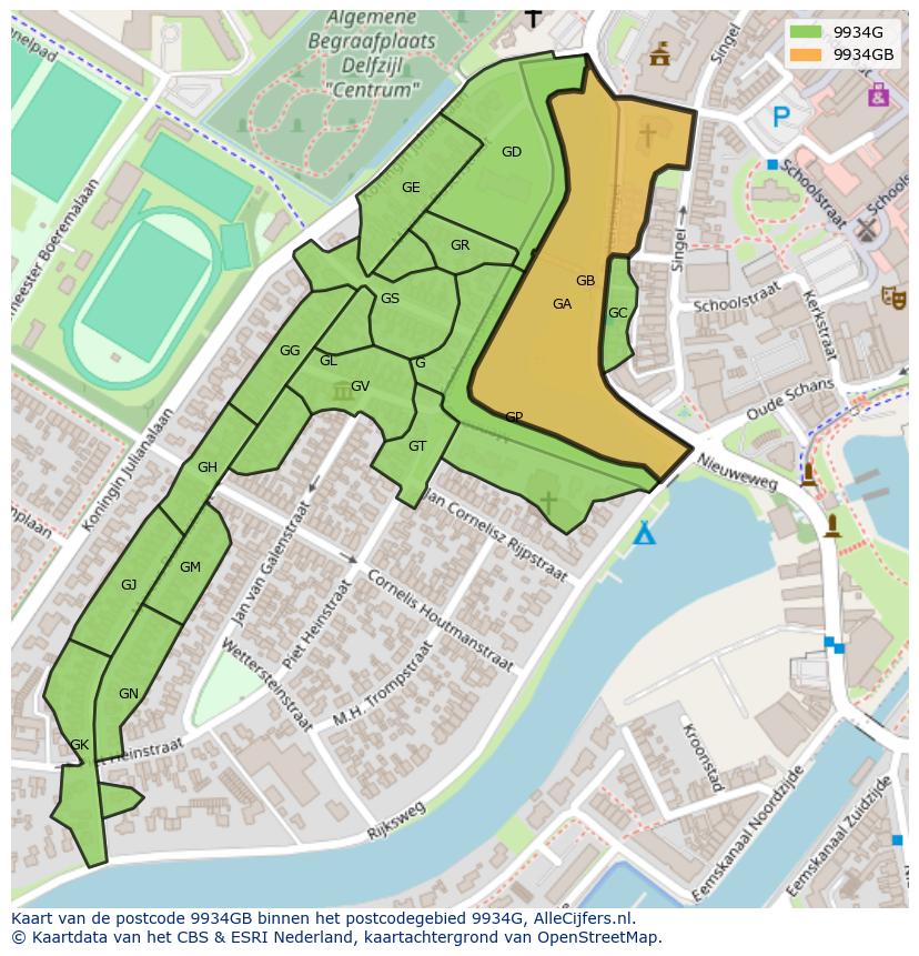 Afbeelding van het postcodegebied 9934 GB op de kaart.