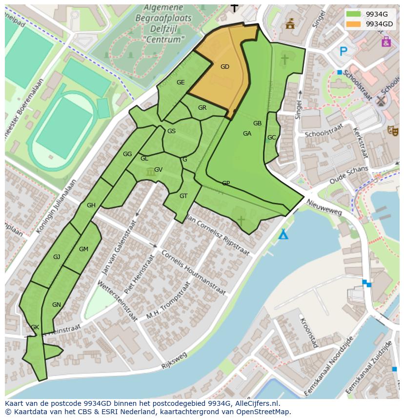 Afbeelding van het postcodegebied 9934 GD op de kaart.
