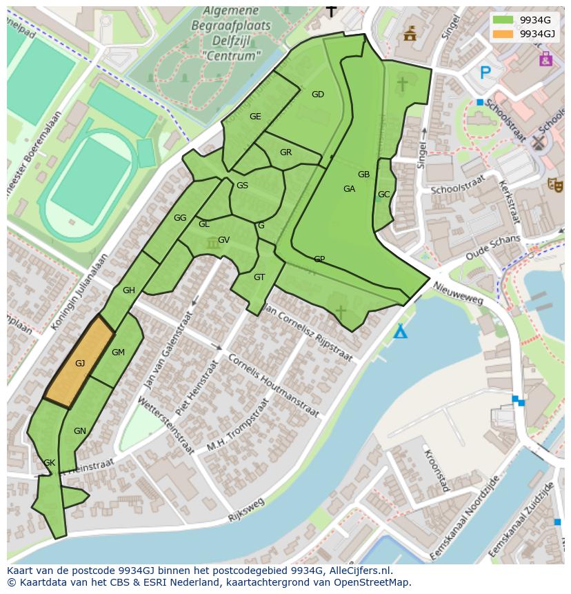 Afbeelding van het postcodegebied 9934 GJ op de kaart.