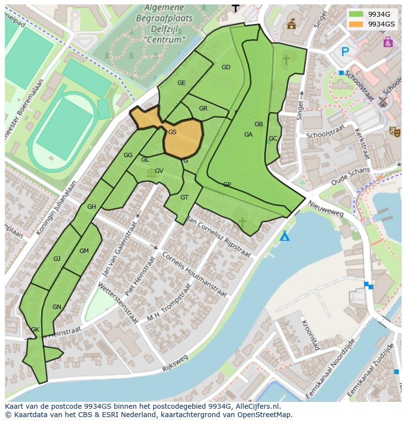 Afbeelding van het postcodegebied 9934 GS op de kaart.
