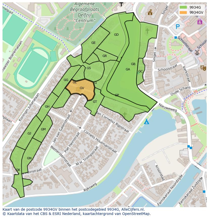 Afbeelding van het postcodegebied 9934 GV op de kaart.