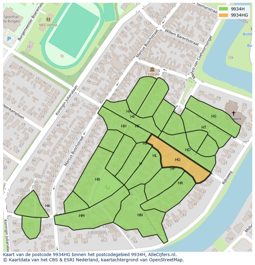 Afbeelding van het postcodegebied 9934 HG op de kaart.