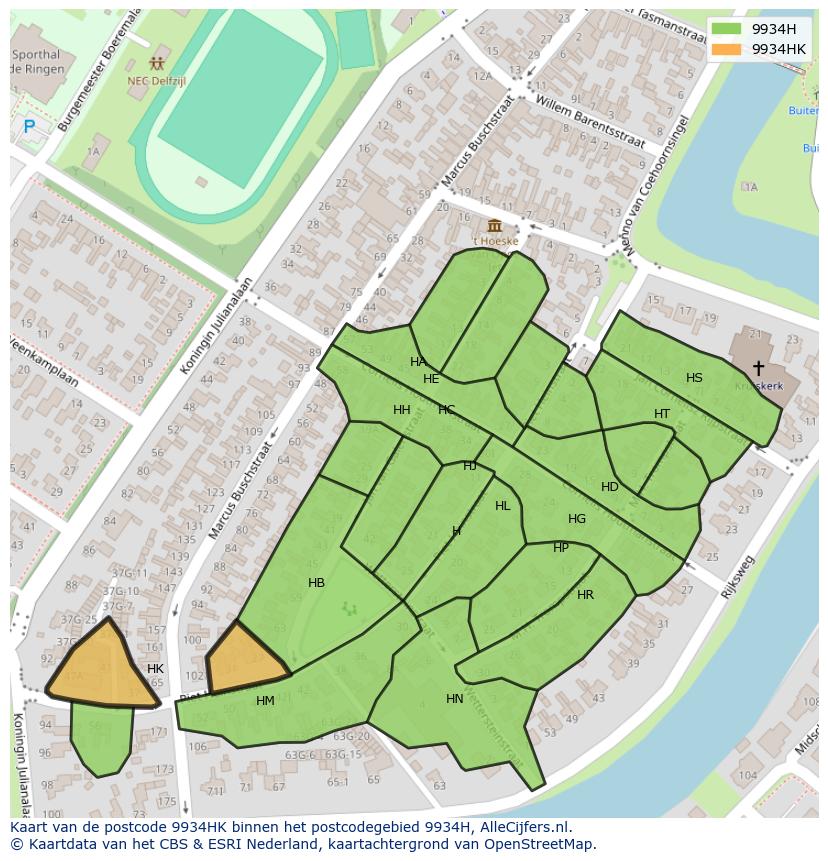 Afbeelding van het postcodegebied 9934 HK op de kaart.