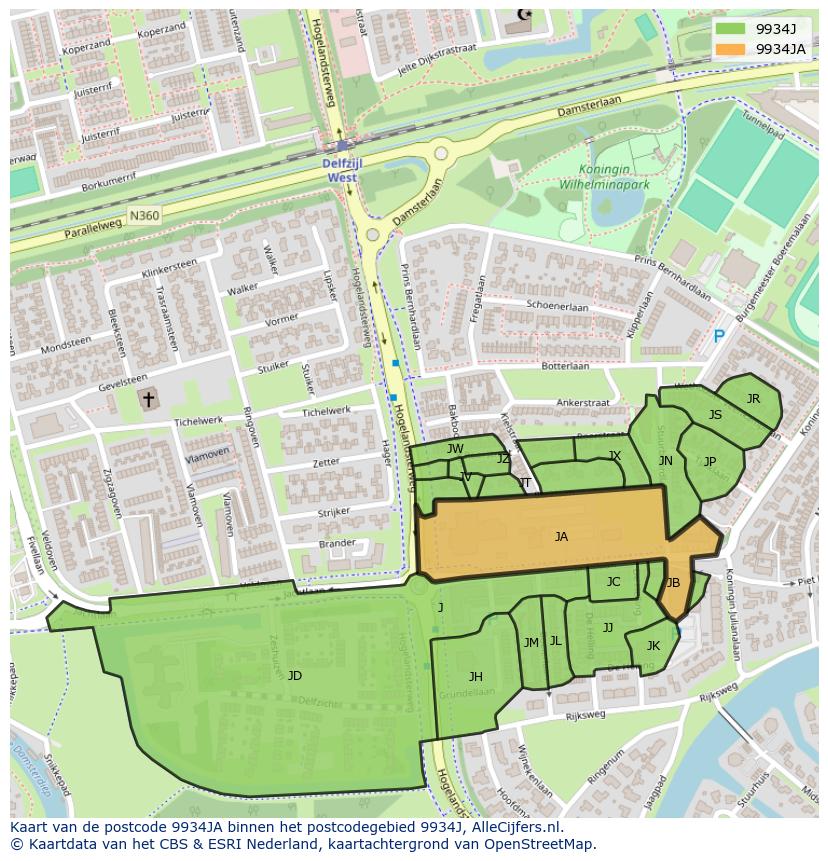 Afbeelding van het postcodegebied 9934 JA op de kaart.