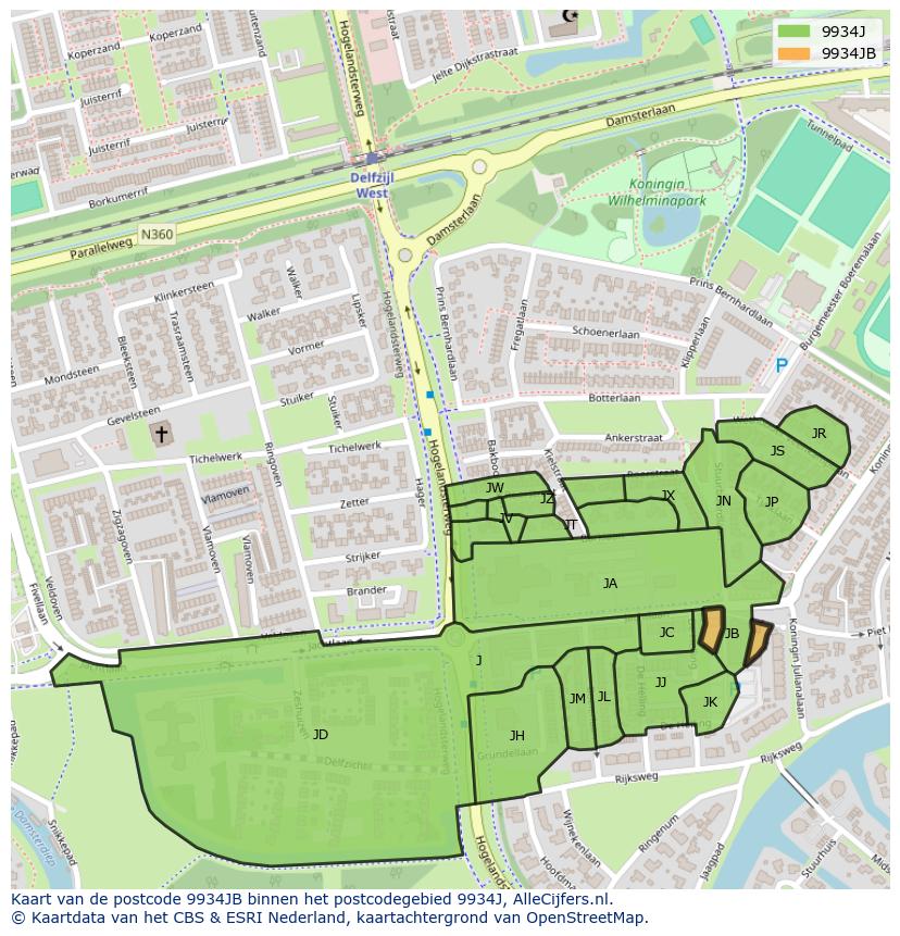 Afbeelding van het postcodegebied 9934 JB op de kaart.