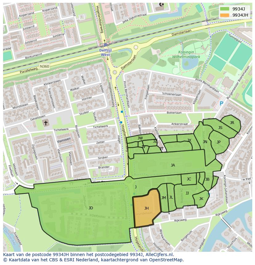Afbeelding van het postcodegebied 9934 JH op de kaart.