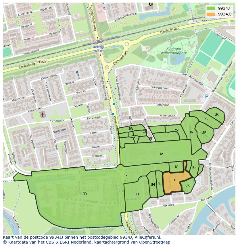 Afbeelding van het postcodegebied 9934 JJ op de kaart.