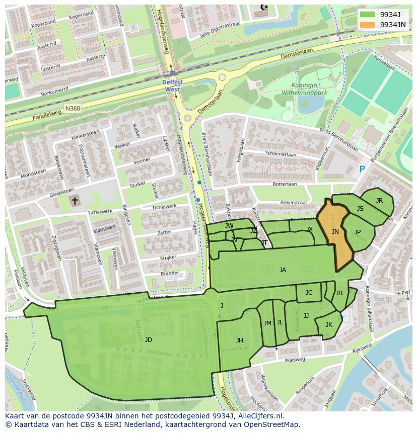 Afbeelding van het postcodegebied 9934 JN op de kaart.