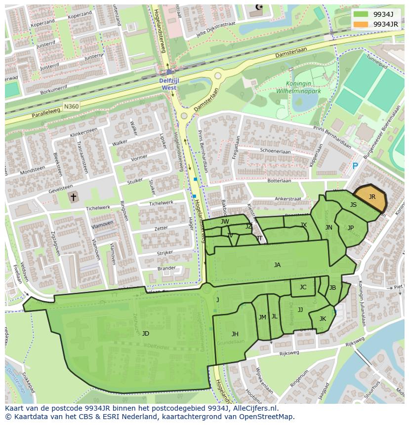 Afbeelding van het postcodegebied 9934 JR op de kaart.