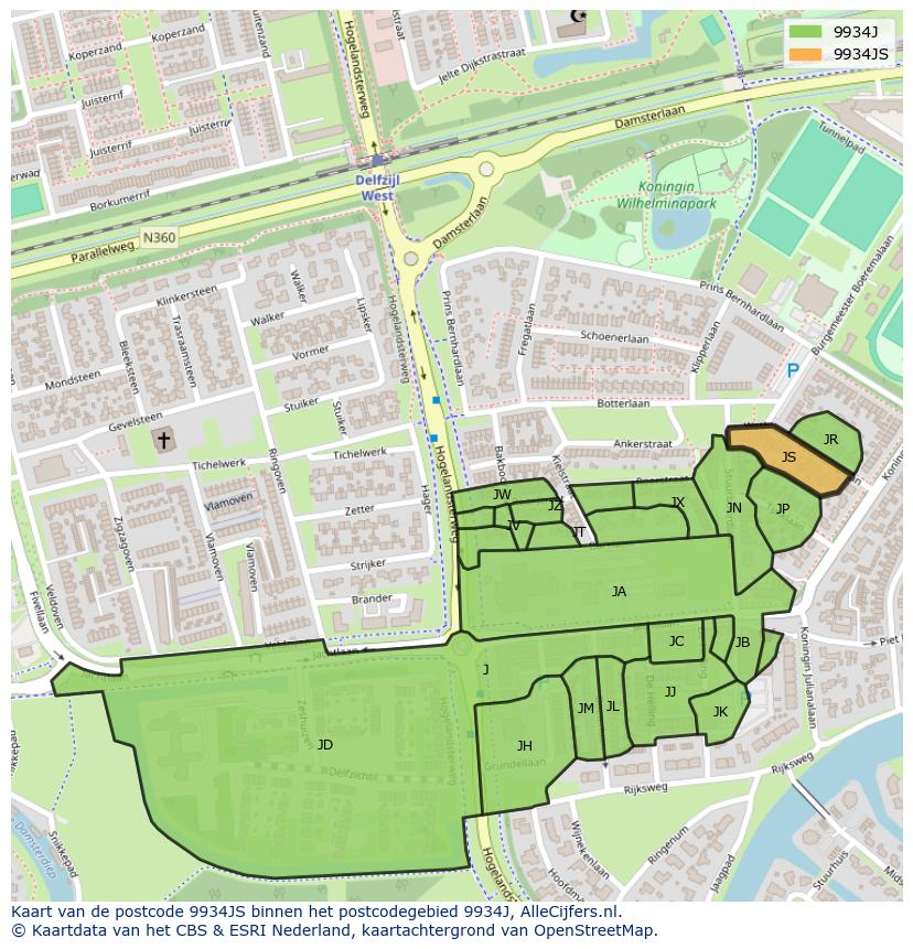 Afbeelding van het postcodegebied 9934 JS op de kaart.