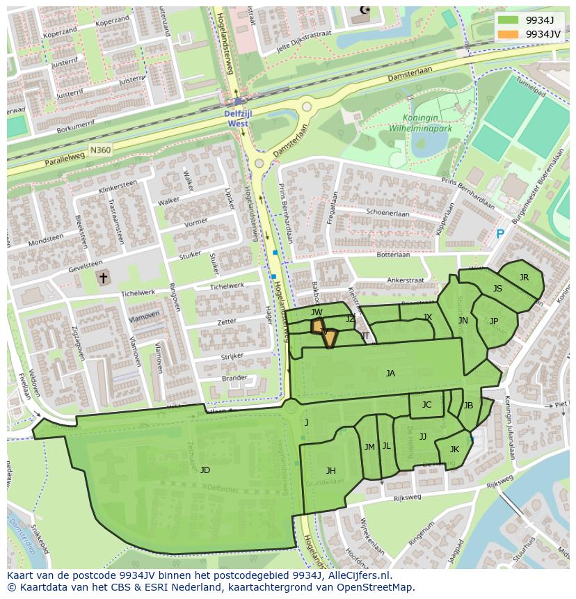 Afbeelding van het postcodegebied 9934 JV op de kaart.