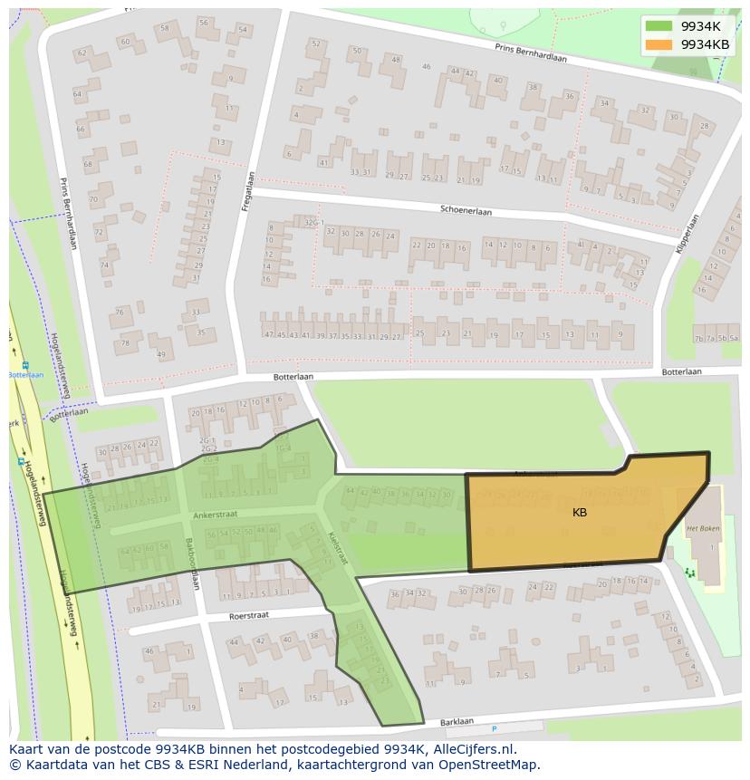 Afbeelding van het postcodegebied 9934 KB op de kaart.