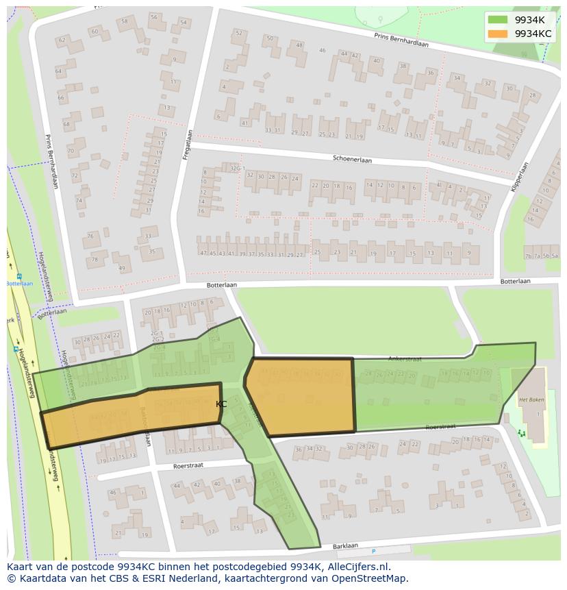 Afbeelding van het postcodegebied 9934 KC op de kaart.