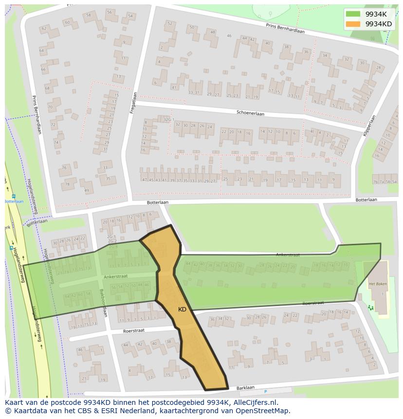 Afbeelding van het postcodegebied 9934 KD op de kaart.