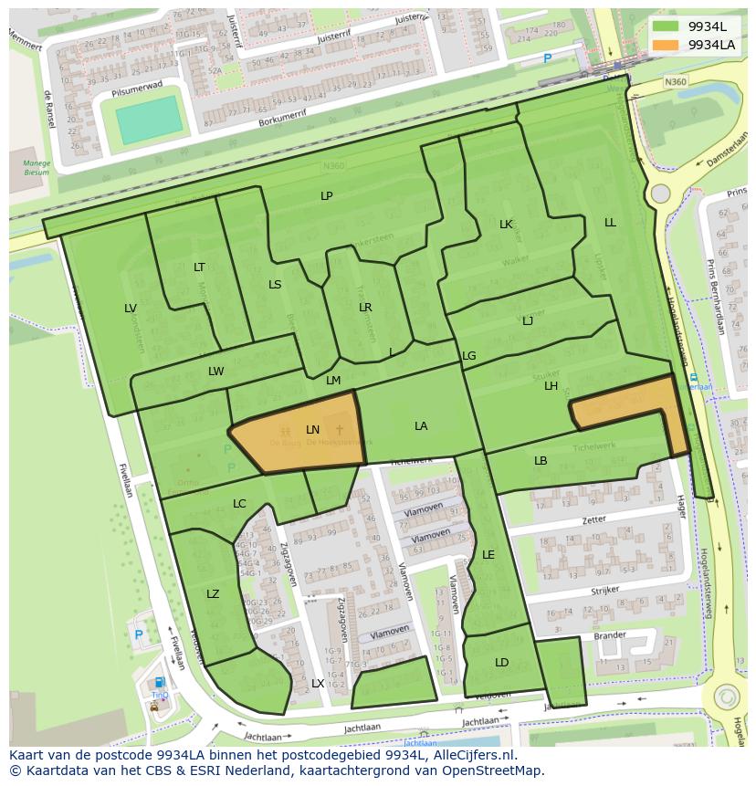 Afbeelding van het postcodegebied 9934 LA op de kaart.