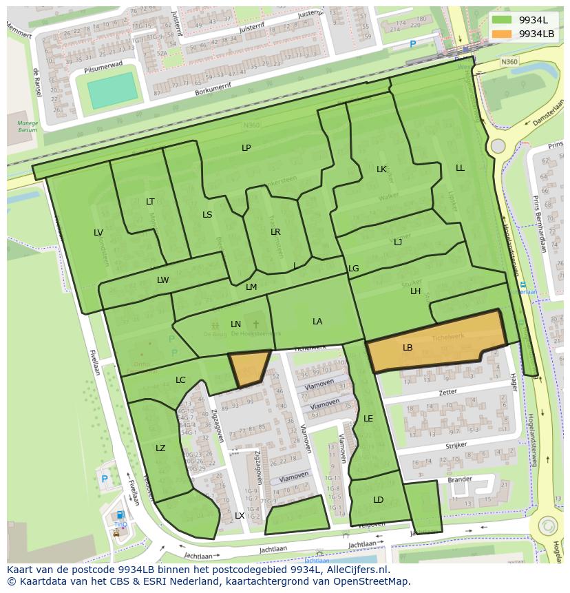 Afbeelding van het postcodegebied 9934 LB op de kaart.