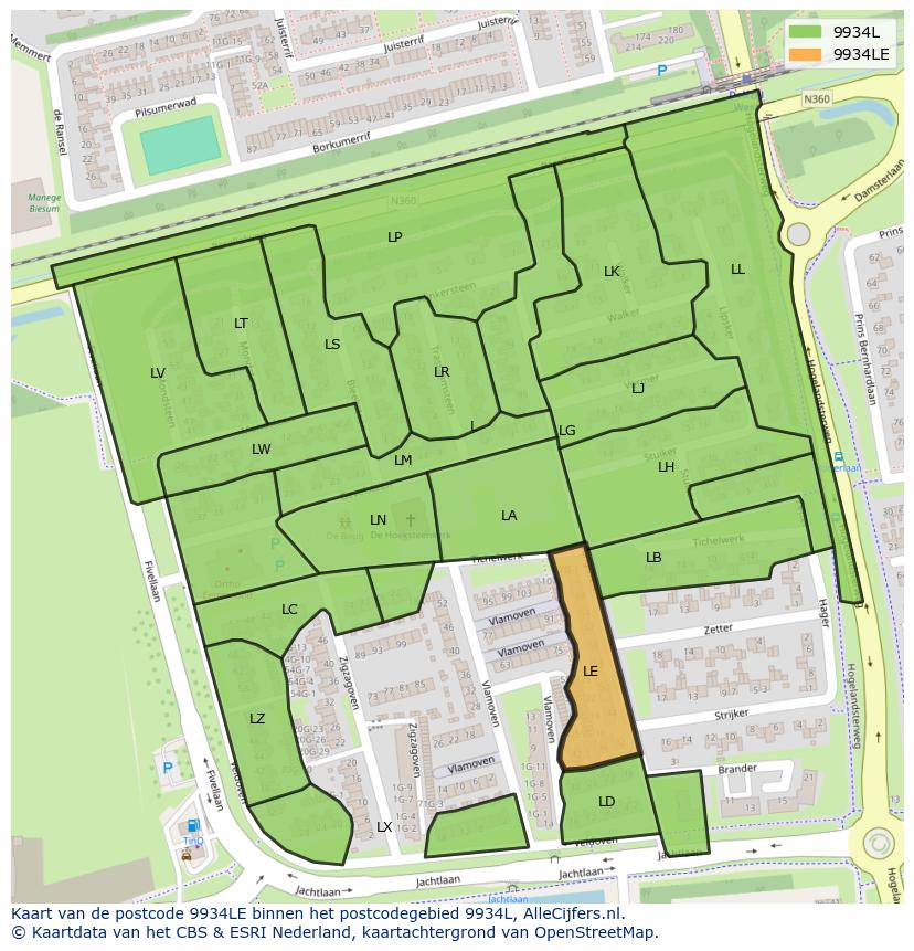 Afbeelding van het postcodegebied 9934 LE op de kaart.
