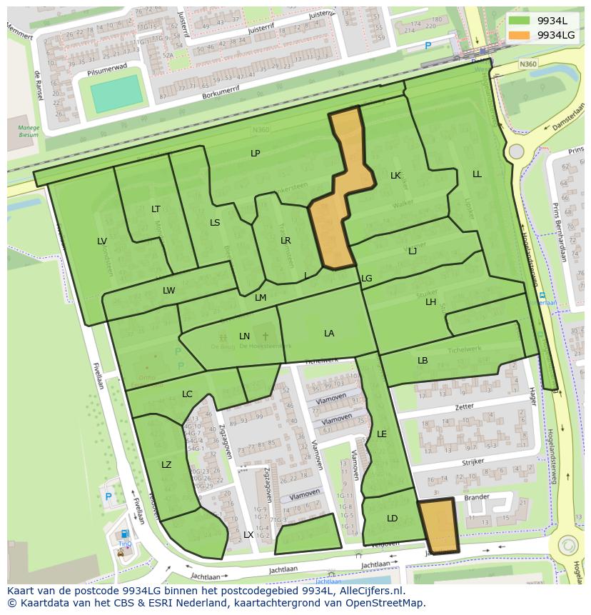 Afbeelding van het postcodegebied 9934 LG op de kaart.