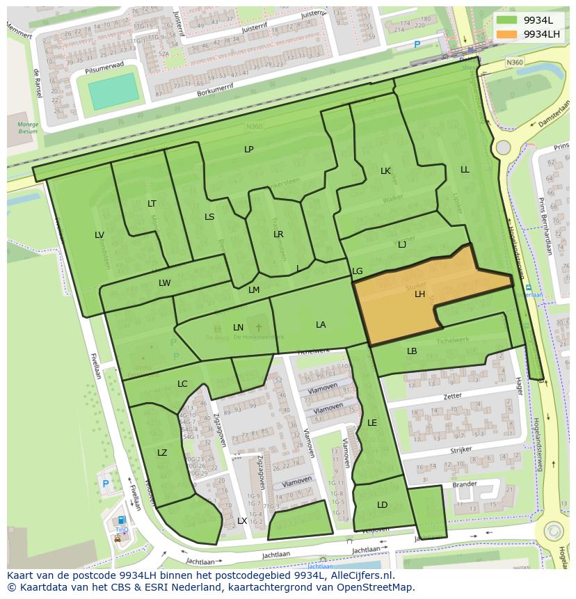 Afbeelding van het postcodegebied 9934 LH op de kaart.