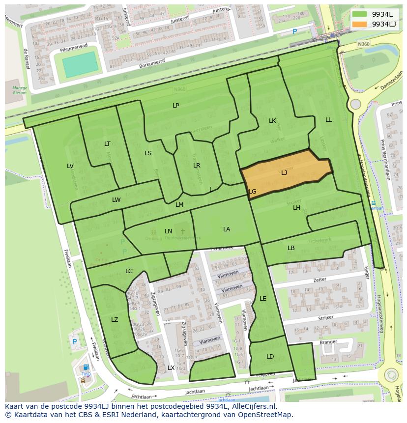 Afbeelding van het postcodegebied 9934 LJ op de kaart.