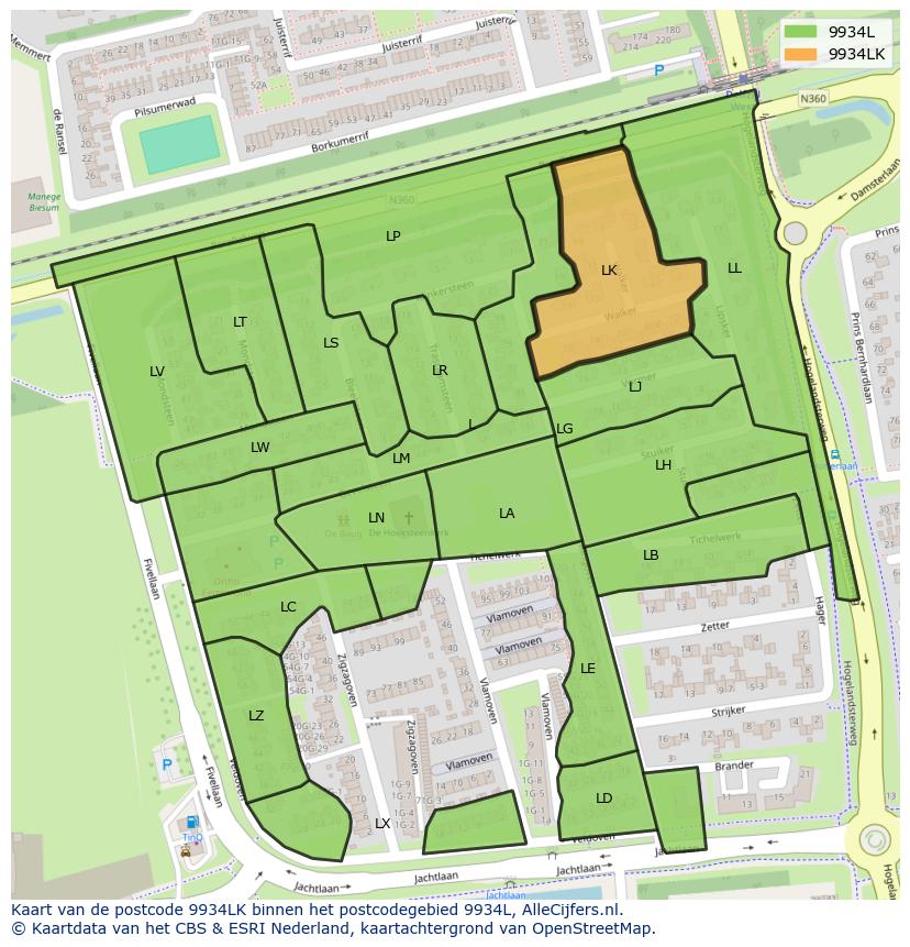 Afbeelding van het postcodegebied 9934 LK op de kaart.