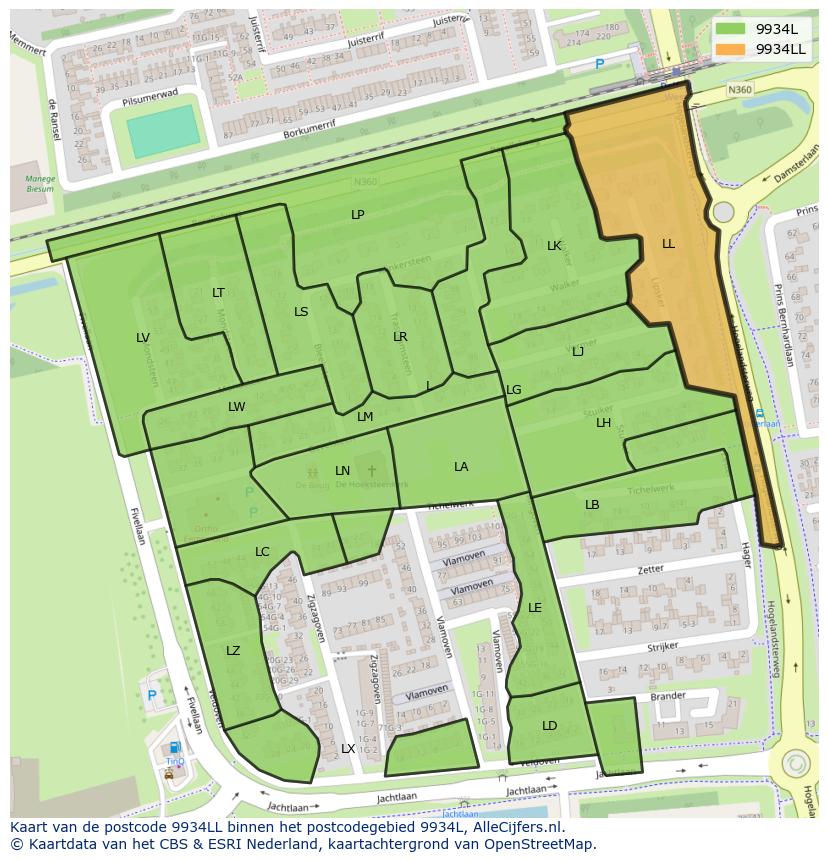 Afbeelding van het postcodegebied 9934 LL op de kaart.